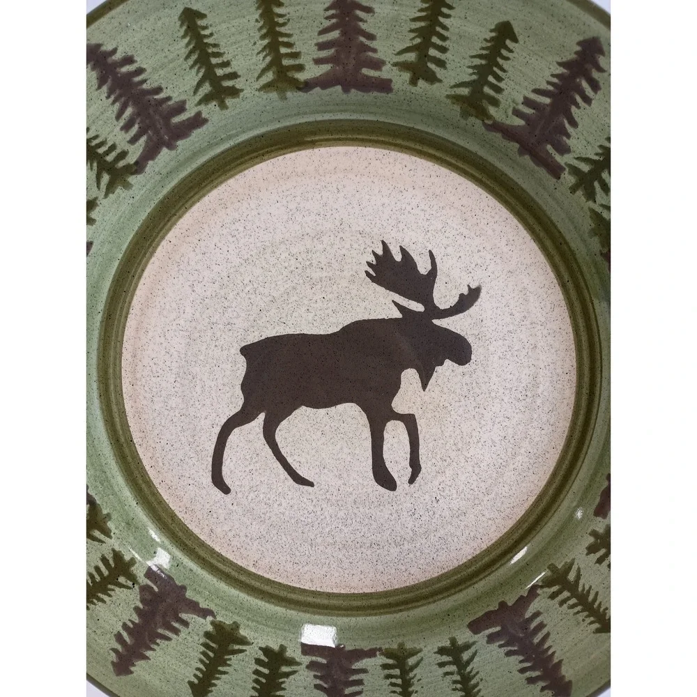 Vintage Libbey Green Moose Pine Tree Large Decorative Plate Cabin Lodge Rustic